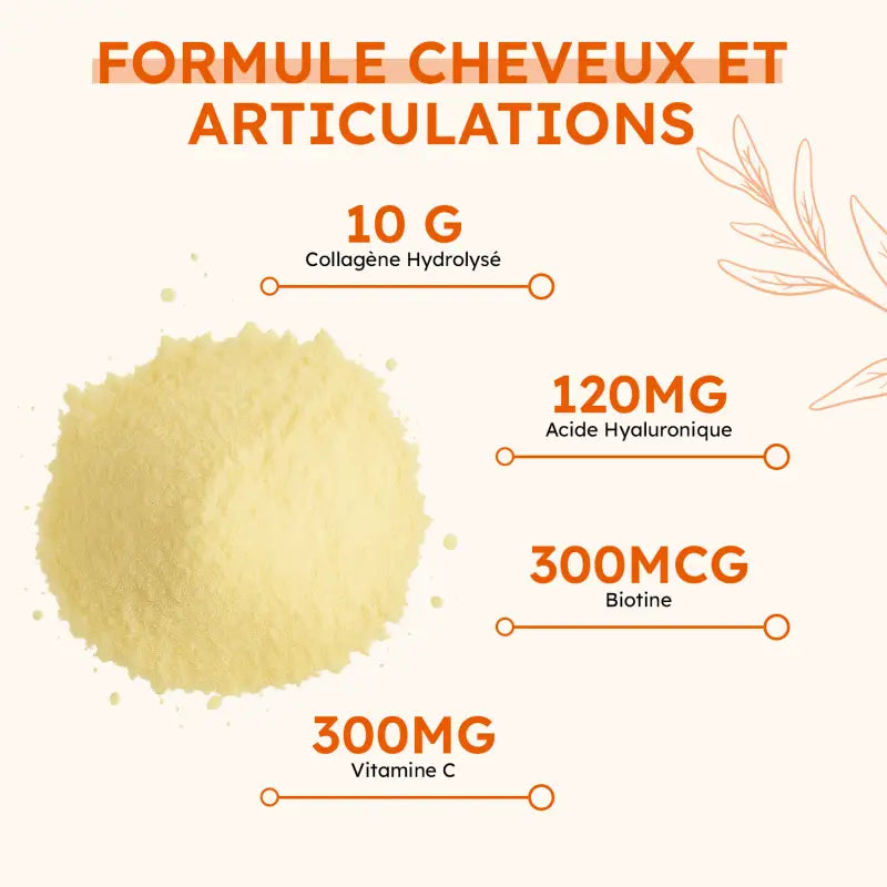 Poudre de Collagen Ultra avec dosages : 10 g collagène, 120 mg acide hyaluronique, 300 mcg biotine, 300 mg vitamine C.