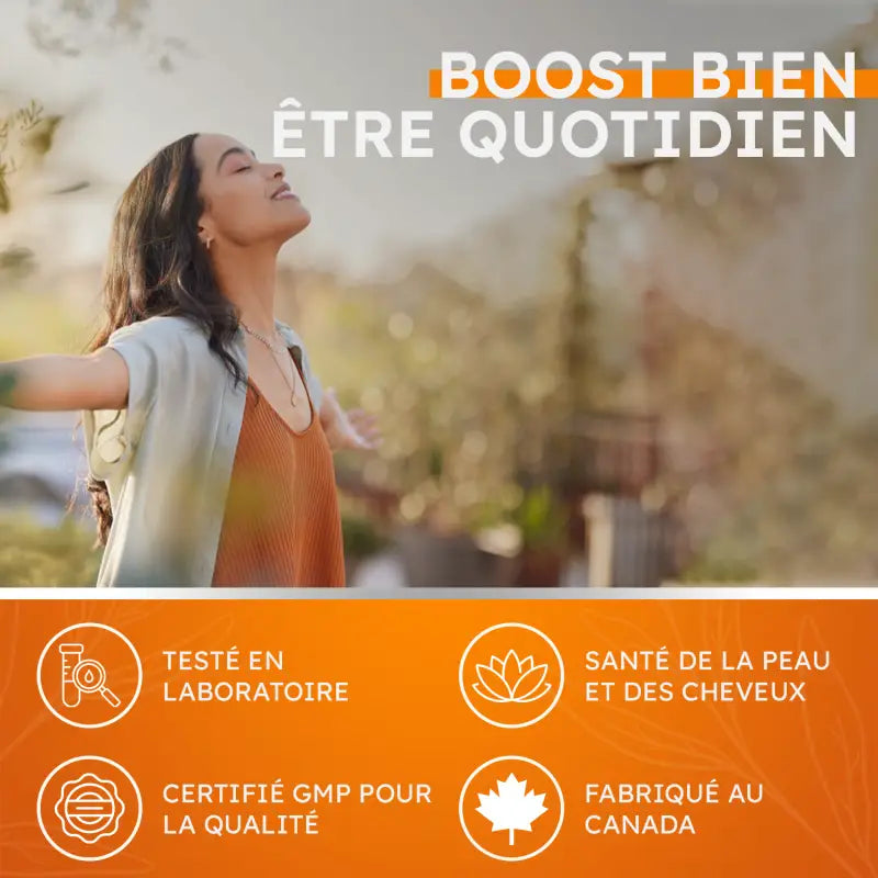 Femme rayonnante avec Collagen Ultra, bien-être quotidien, testé en laboratoire, certifié GMP et fabriqué au Canada.