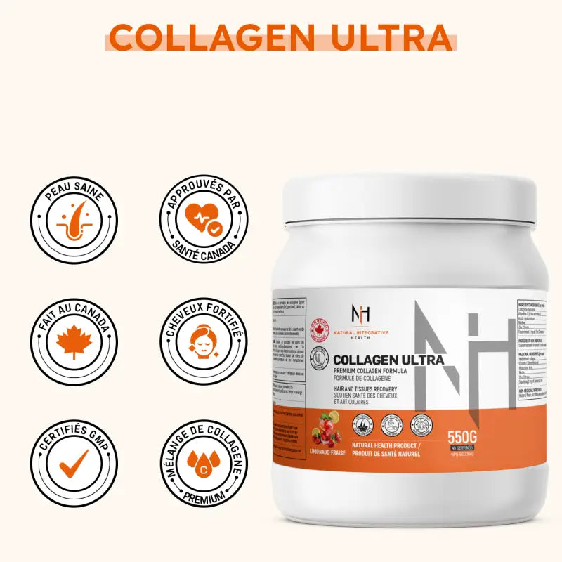 Collagen Ultra avec certifications et bénéfices : peau saine, cheveux fortifiés, approuvé Santé Canada, mélange premium de collagène.