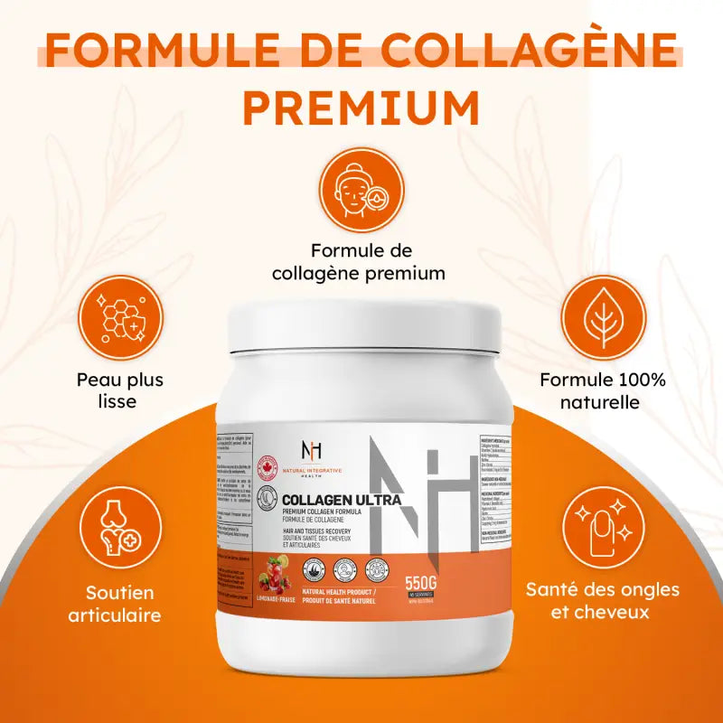 Visuel de Collagen Ultra avec bienfaits : peau plus lisse, santé des cheveux et ongles, soutien articulaire, formule naturelle.