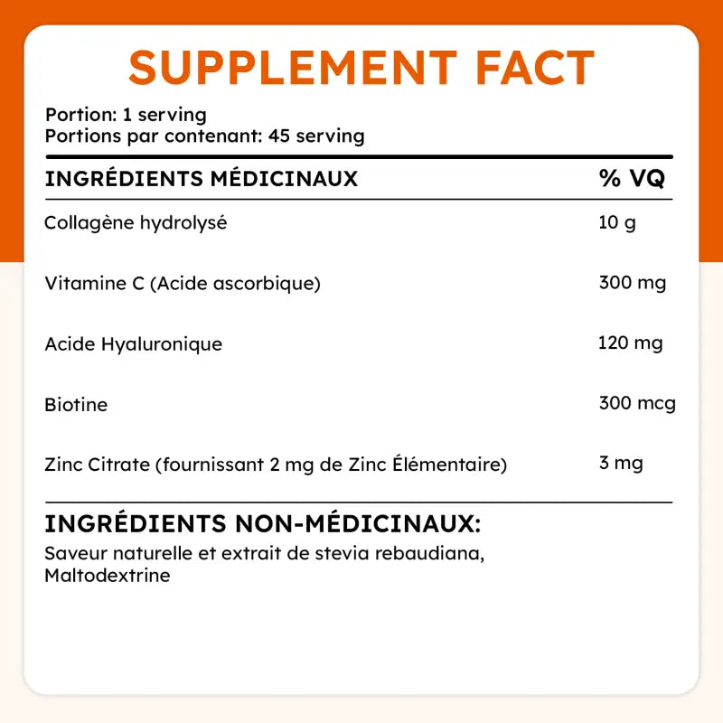 Ingrédients de Collagen Ultra : collagène hydrolysé, vitamine C, acide hyaluronique, biotine, zinc. Sans arômes artificiels.