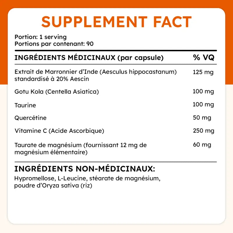 Ingrédients Derma Flow : marronnier d’Inde, gotu kola, taurine, quercétine, vitamine C, magnésium. Sans additifs nocifs.