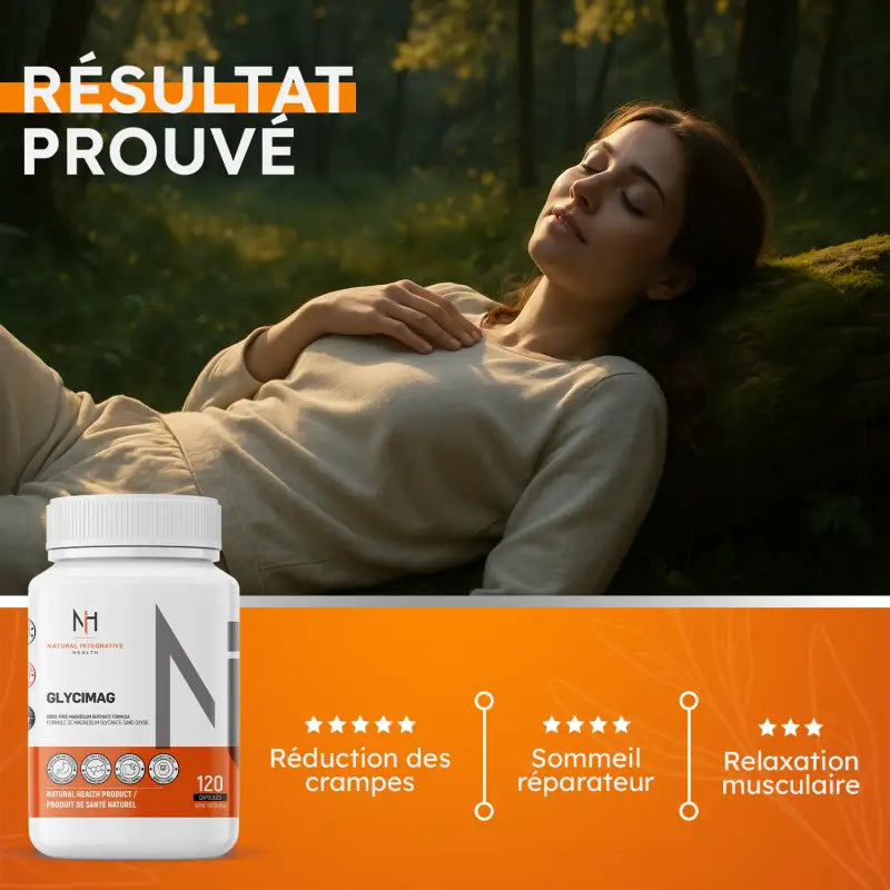 Femme reposée allongée dans la forêt, affichant les bienfaits du Glycimag comme la réduction des crampes, un sommeil réparateur et la relaxation musculaire.