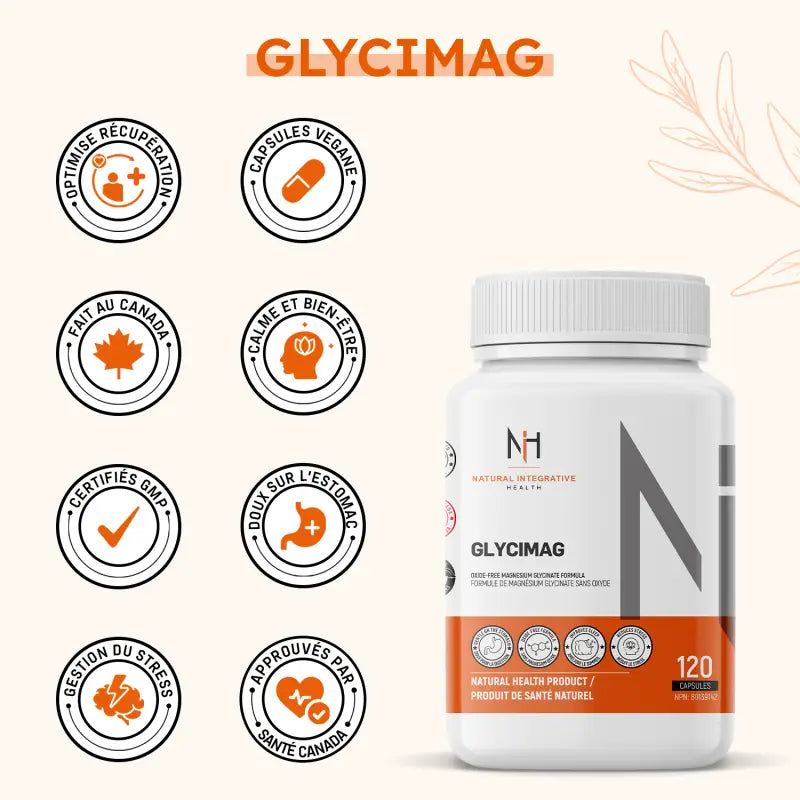 Bouteille de Glycimag avec icônes illustrant les bienfaits : améliore le sommeil, réduit le stress, favorise la détente musculaire, doux pour la digestion, sans oxyde.