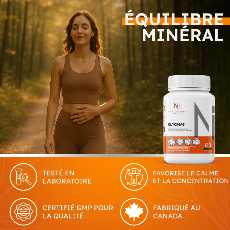 Femme détendue en pleine nature tenant son ventre, bouteille de Glycimag de NIH Supplements pour équilibre minéral, calme et concentration, fabriqué au Canada.