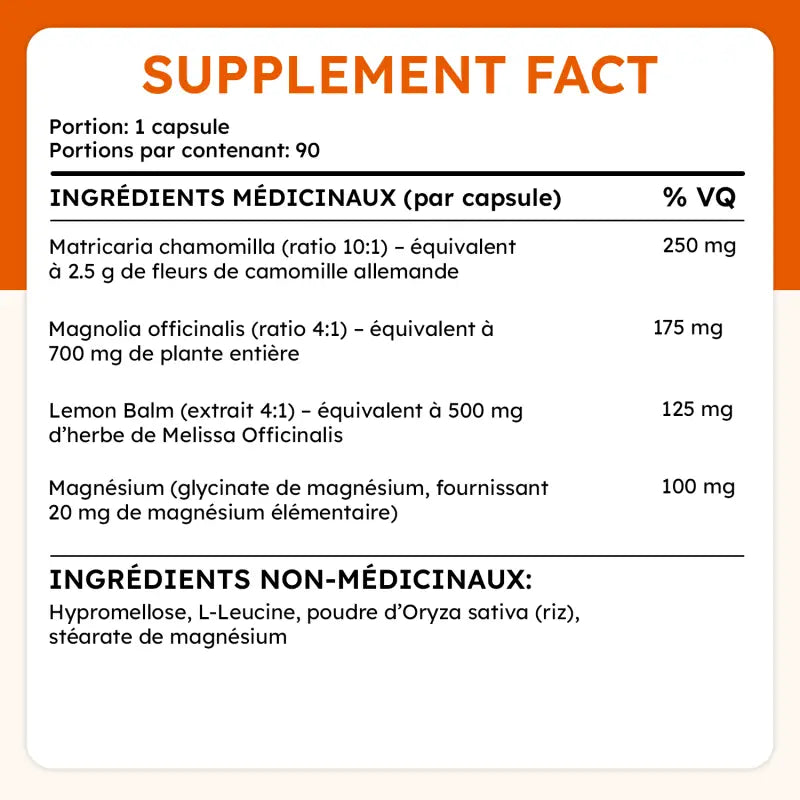 Ingrédients de Herbal Night 2.0 : camomille, magnolia, mélisse et magnésium glycinate pour mieux dormir