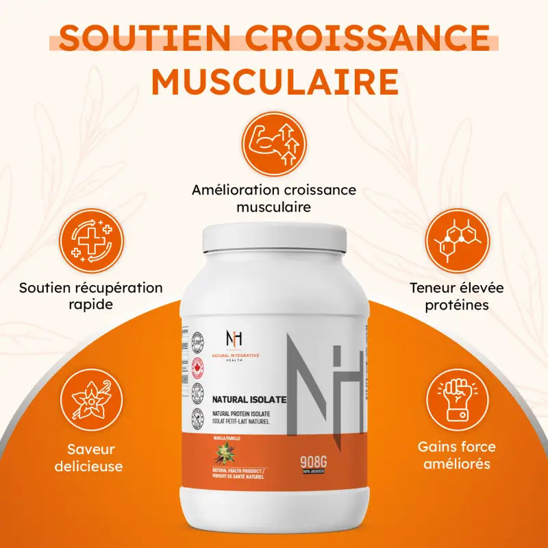Poudre protéinée Natural Isolate pour croissance musculaire, sans lactose, sucrée au stevia bio et riche en acides aminés essentiels.