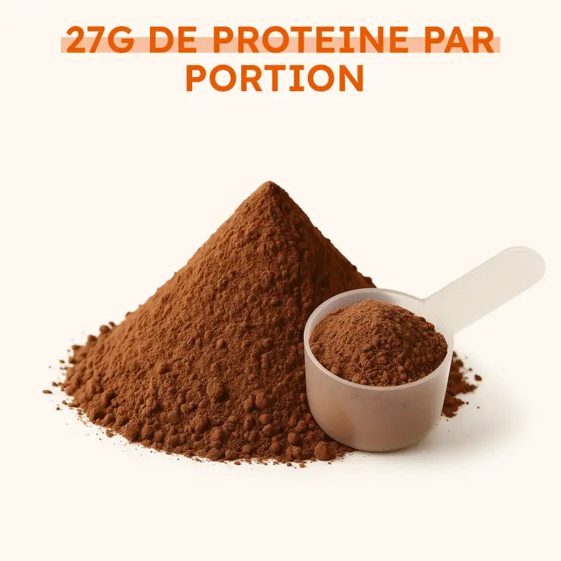 Poudre de protéine chocolat-framboise avec cuillère doseuse, 27g de protéines nettes par portion.