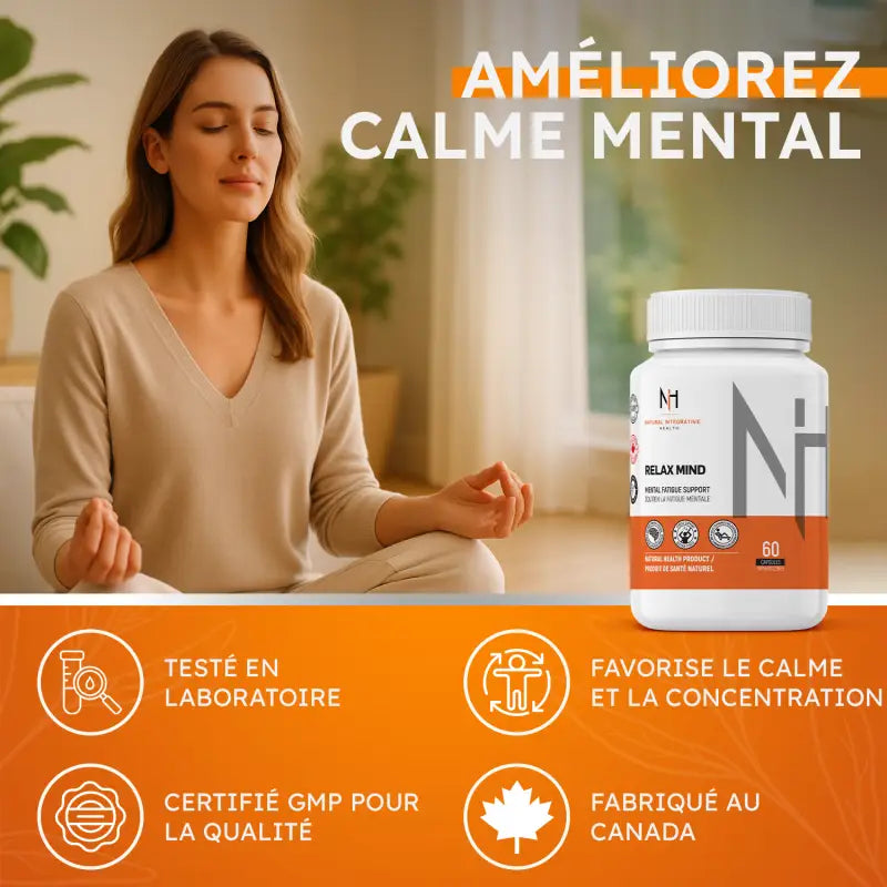 Femme en méditation avec Relax Mind, calme mental, produit naturel fabriqué au Canada, testé et certifié GMP.