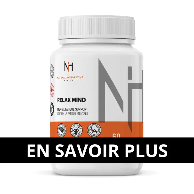 Bouteille de Relax Mind de NIH Suppléments, 60 capsules pour soutenir la fatigue mentale et favoriser le calme.
