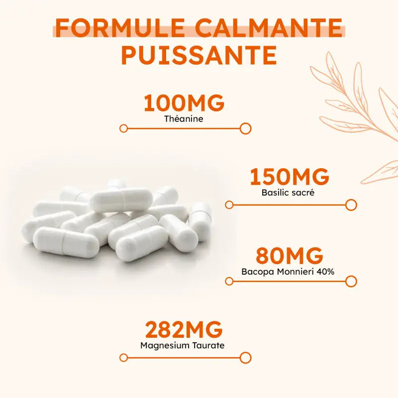 Capsules de Relax Mind avec dosages actifs : 282 mg magnésium taurate, 150 mg basilic sacré, 100 mg théanine, 80 mg bacopa.