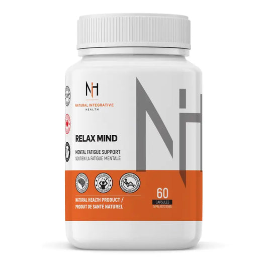 Bouteille de Relax Mind de NIH Suppléments, 60 capsules pour soutenir la fatigue mentale et favoriser le calme.