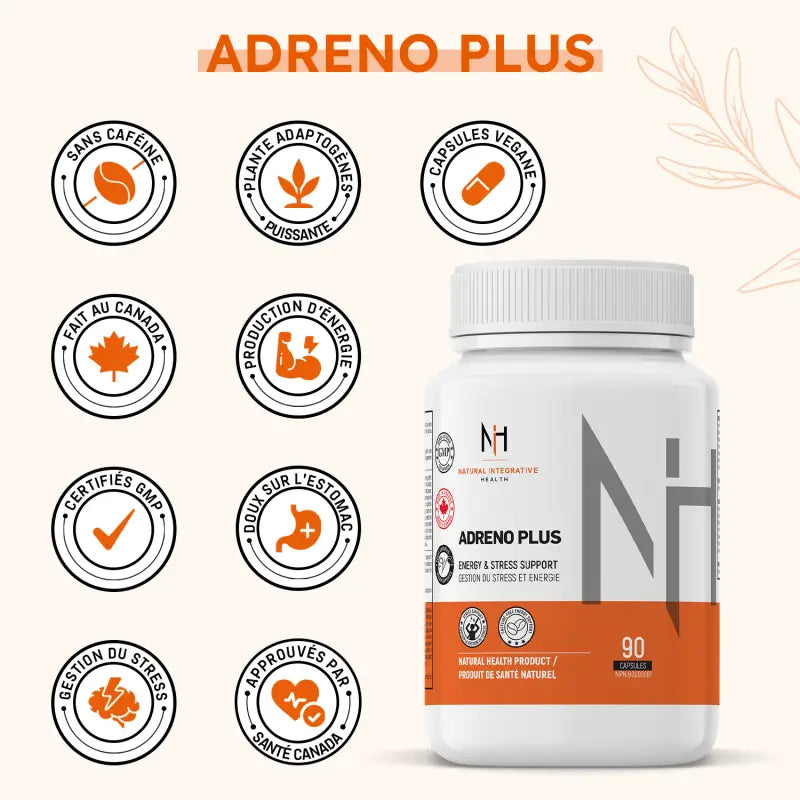 Adreno Plus avec certifications : sans caféine, plantes adaptogènes, capsules véganes, doux sur l’estomac, approuvé Santé Canada.