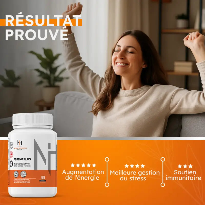 Femme souriante qui s’étire avec Adreno Plus, résultats prouvés : énergie, gestion du stress, soutien immunitaire.