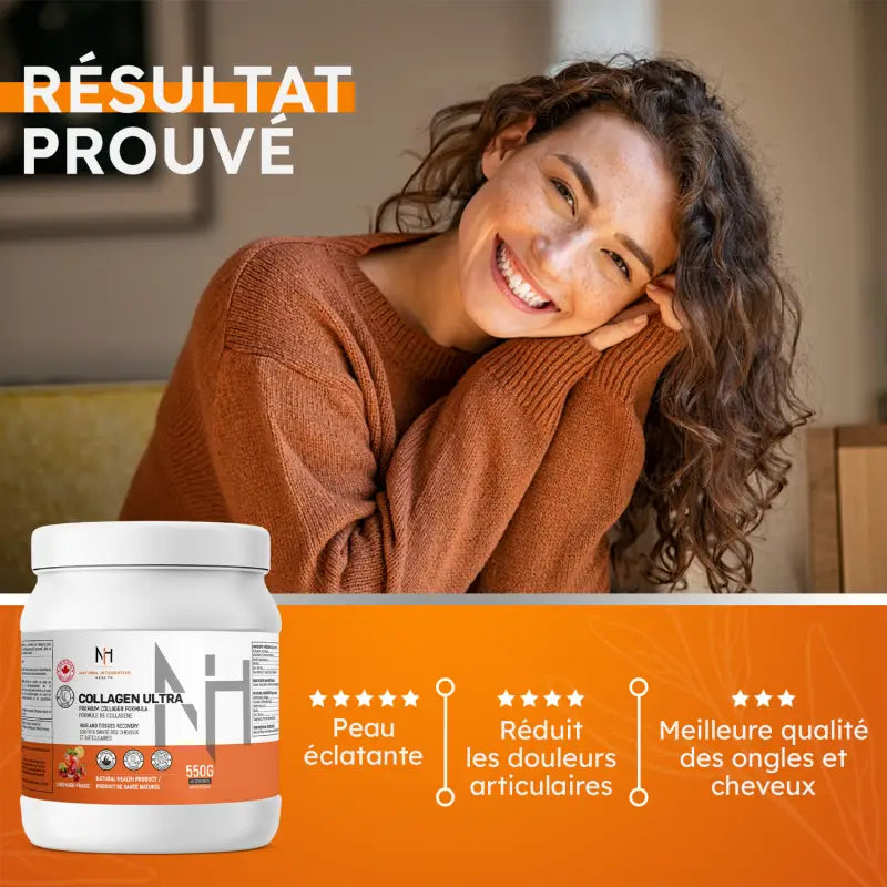 Femme souriante avec Collagen Ultra, résultats prouvés : peau éclatante, réduction des douleurs articulaires, cheveux et ongles renforcés.