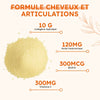 Poudre de Collagen Ultra avec dosages : 10 g collagène, 120 mg acide hyaluronique, 300 mcg biotine, 300 mg vitamine C.