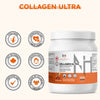 Collagen Ultra avec certifications et bénéfices : peau saine, cheveux fortifiés, approuvé Santé Canada, mélange premium de collagène.