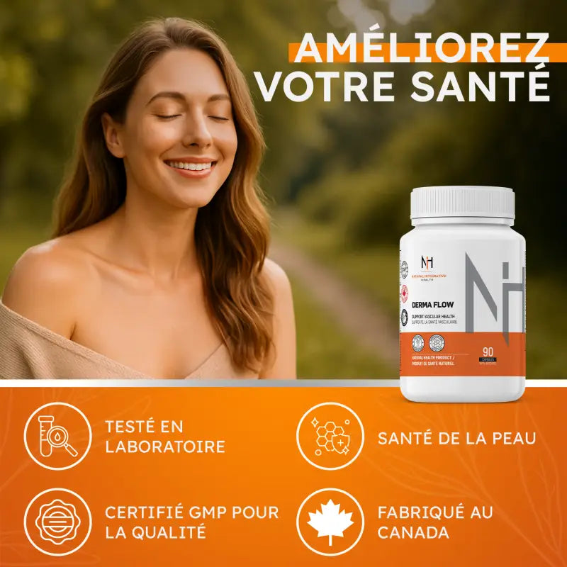Femme détendue avec Derma Flow, santé de la peau, produit testé en laboratoire, certifié GMP et fabriqué au Canada.