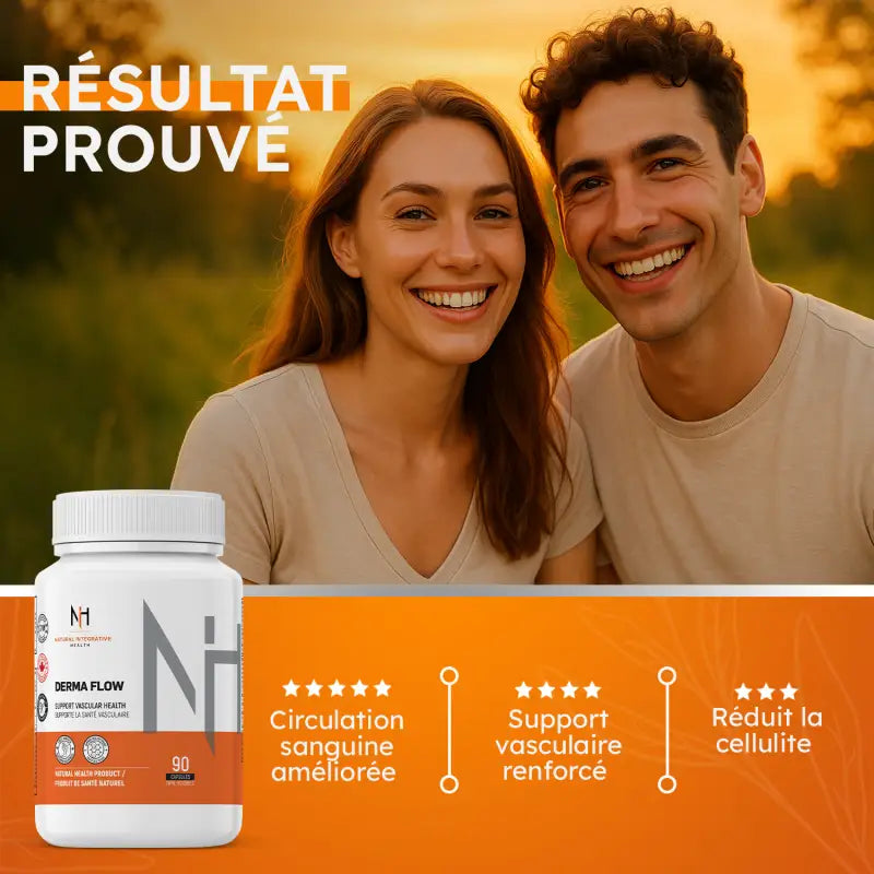 Couple souriant avec Derma Flow, résultats prouvés : circulation améliorée, soutien vasculaire, réduction de la cellulite.