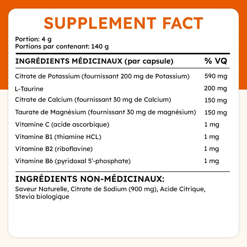 Ingrédients de Electro Complex : potassium, taurine, calcium, magnésium, vitamines C et B, stevia bio