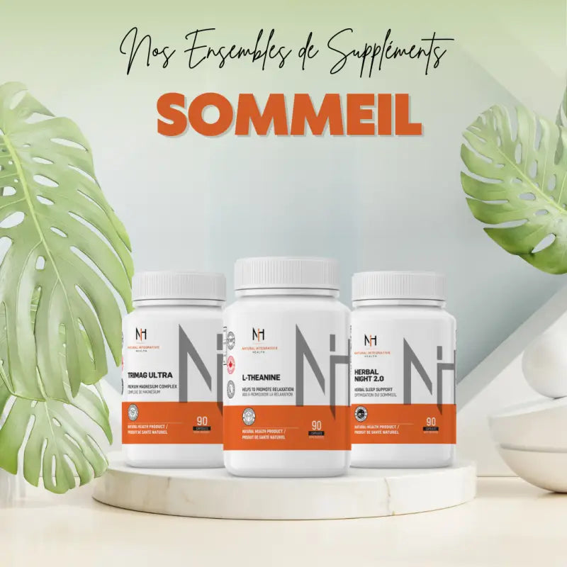 Ensemble de suppléments pour le sommeil avec Trimag Ultra, L-Théanine et Herbal Night 2.0 – favorise la détente, l’endormissement rapide et un sommeil réparateur.