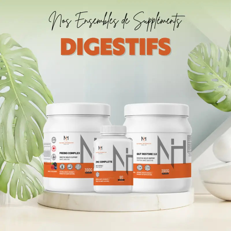 Ensemble de suppléments pour la santé digestive avec Prébio Complex, Zinc Complete et Gut Restore 2.0 – favorise l’équilibre intestinal et la digestion optimale.