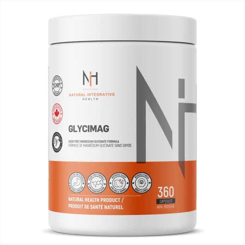 Bouteille du supplément Glycimag de NIH Supplements, magnésium bisglycinate sans oxyde, pour détente musculaire, digestion et équilibre minéral.
