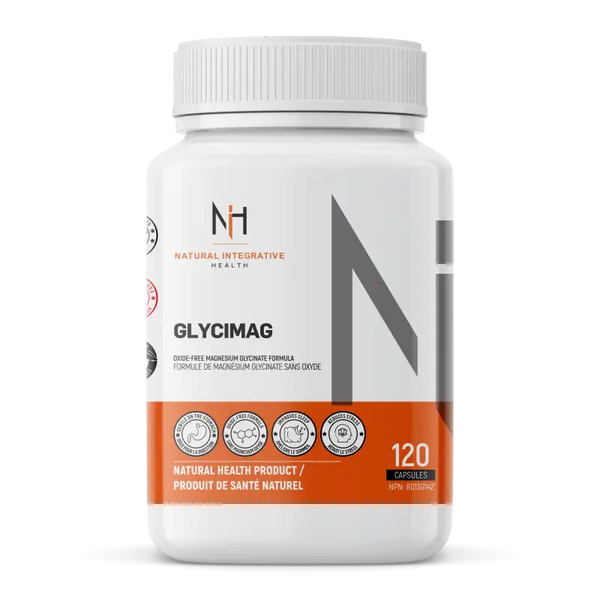 Bouteille du supplément Glycimag de NIH Supplements, magnésium bisglycinate sans oxyde, pour détente musculaire, digestion et équilibre minéral.
