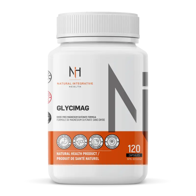 Bouteille du supplément Glycimag de NIH Supplements, magnésium bisglycinate sans oxyde, pour détente musculaire, digestion et équilibre minéral.