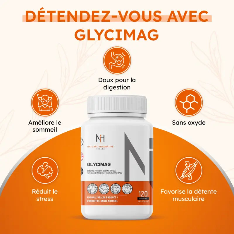 Bouteille de Glycimag avec icônes illustrant les bienfaits : améliore le sommeil, réduit le stress, favorise la détente musculaire, doux pour la digestion, sans oxyde.