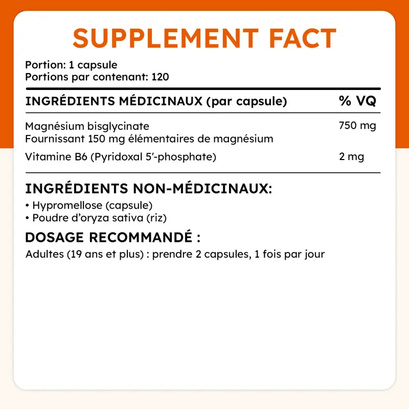 Ingrédients du Glycimag incluant 750 mg de magnésium bisglycinate et 2 mg de vitamine B6 par capsule, avec dosage recommandé de 2 capsules par jour.