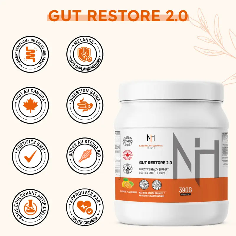 Gut Restore 2.0 certifié GMP, sans sucre artificiel, approuvé Santé Canada, soutien au côlon irritable