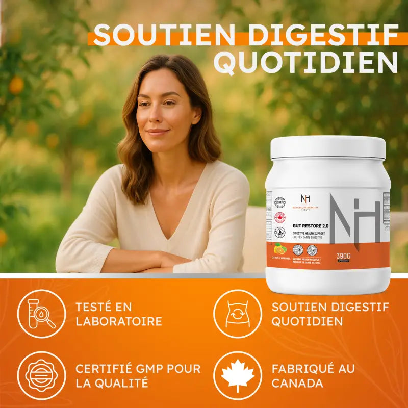 Femme détendue illustrant les bienfaits digestifs quotidiens du Gut Restore 2.0 de NIH Supplements