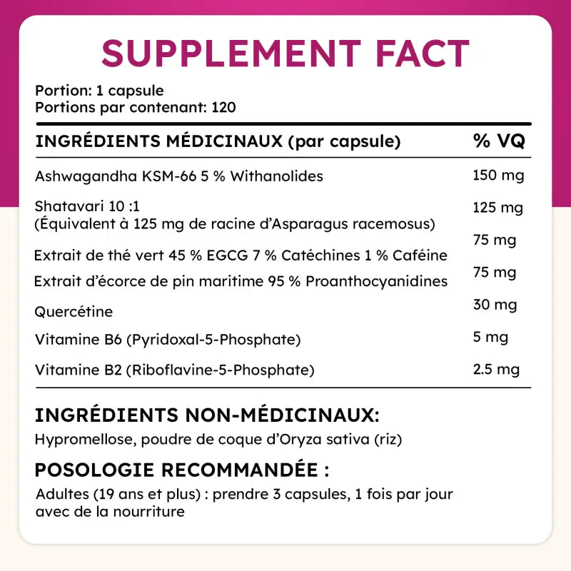 Ingrédients de Harmonia : ashwagandha, shatavari, thé vert, pin maritime, quercétine, vitamines B2 et B6