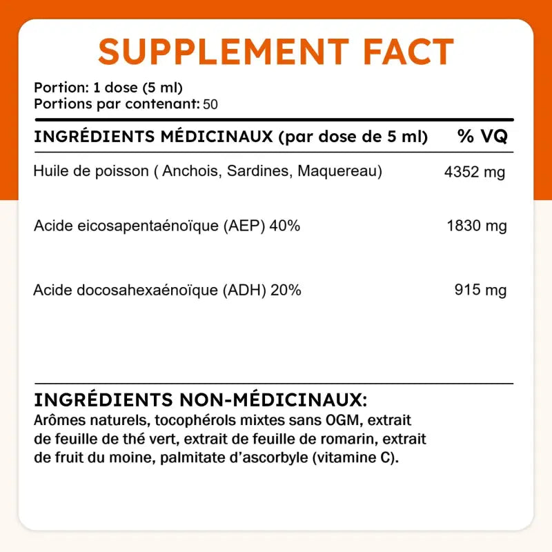 Tableau des ingrédients Liquid EPA & DHA incluant EPA 1900 mg, DHA 950 mg, vitamine D et huile de poisson, avec ingrédients non médicinaux naturels.