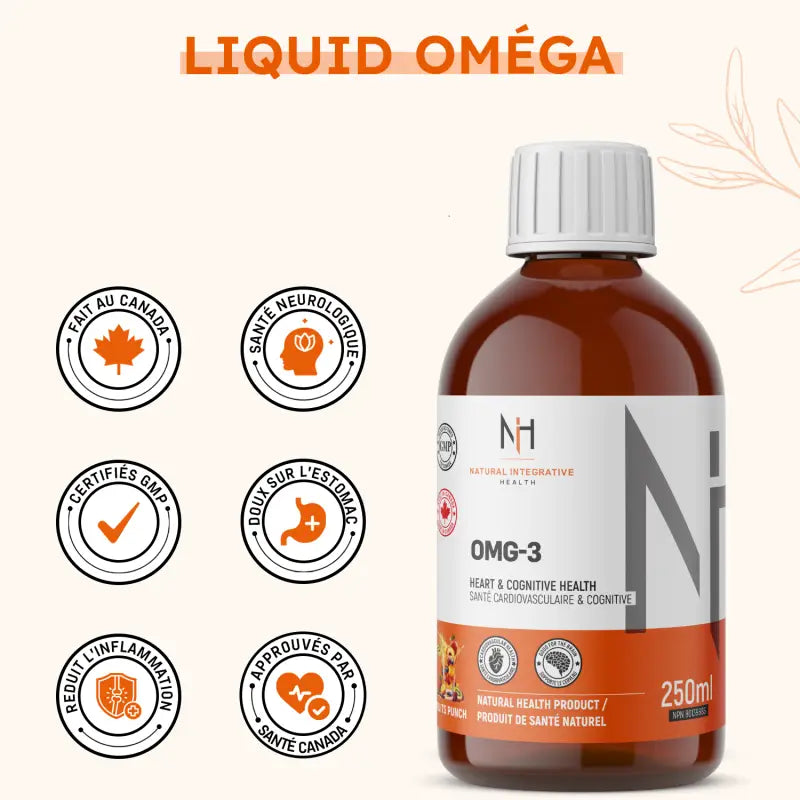 Bouteille Liquid EPA & DHA entourée d’icônes illustrant les bienfaits : santé cardiovasculaire, humeur, fonctions cognitives, douleurs articulaires.