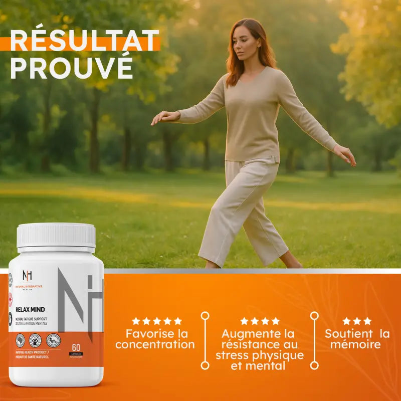 Femme calme dans un parc avec Relax Mind, résultats prouvés : concentration, mémoire, résistance au stress physique et mental.