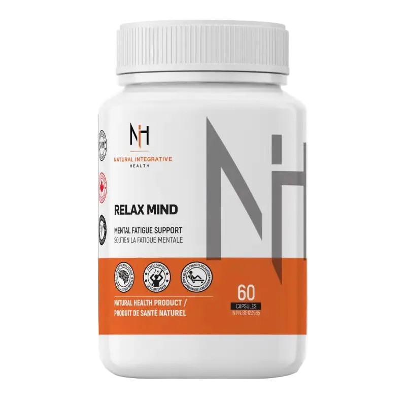 Bouteille de Relax Mind de NIH Suppléments, 60 capsules pour soutenir la fatigue mentale et favoriser le calme.