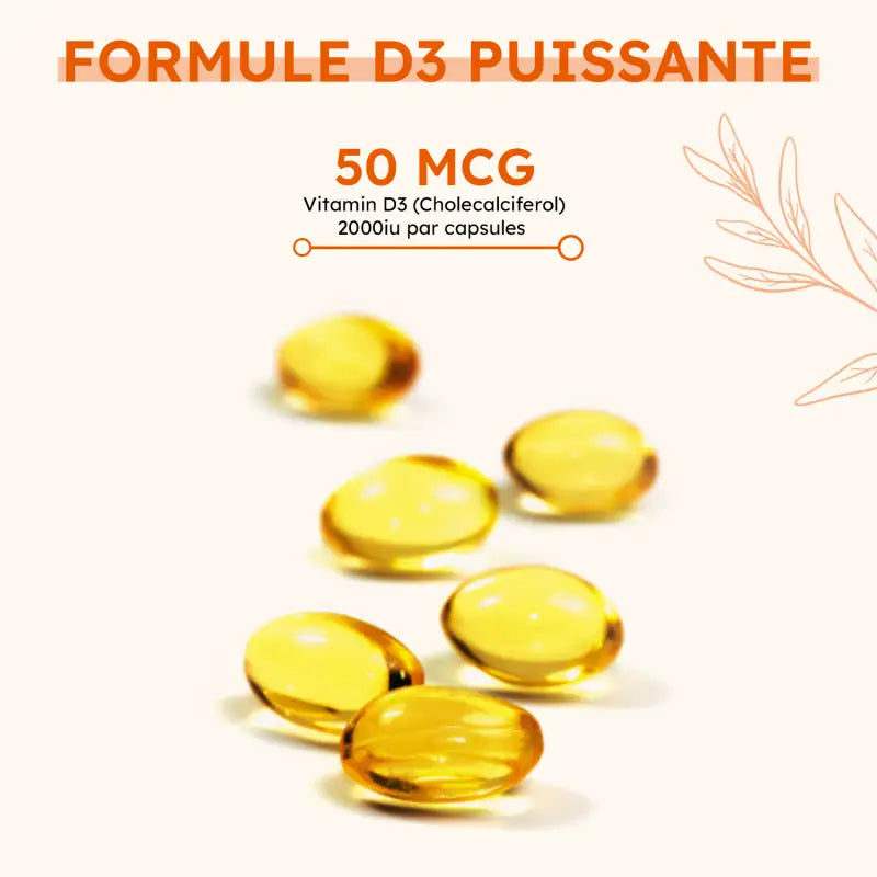 Capsules molles de vitamine D3 à 2000 IU, formule puissante pour l’immunité et le bien-être