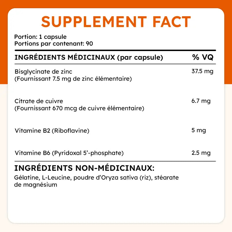 Capsules de Zinc Complete avec 37.5 mg de zinc bisglycinate et 6.7 mg de cuivre citrate