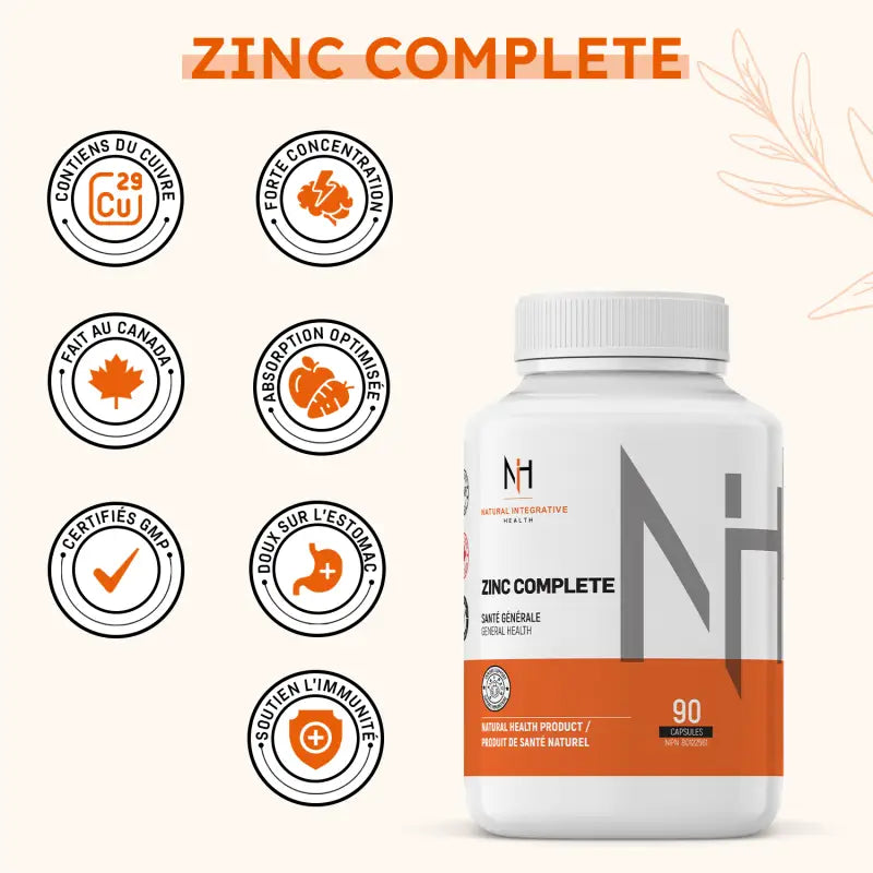 Zinc Complete fait au Canada, certifié GMP, absorption optimale et doux pour l’estomac